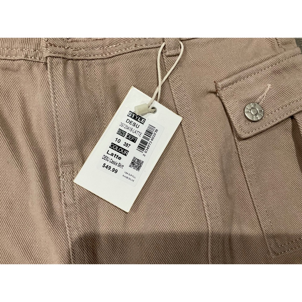 DESU Cassie Low Rise Cargo Mini Skirt Latte Beige Denim Size 10 NWT - Picture 2 of 8
